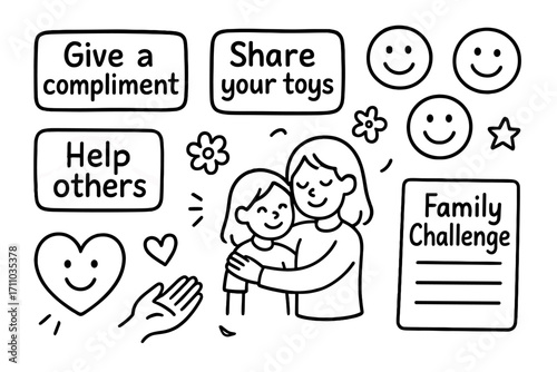 Kids Kindness Doodle Set. Kids kindness prompts doodle set: hand drawn icons for suggestion cards, smile tokens, and family