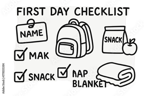 Preschool Essentials Doodle Set. First day checklist for preschoolers doodle set: hand drawn icons for name tag, backpack, snack,