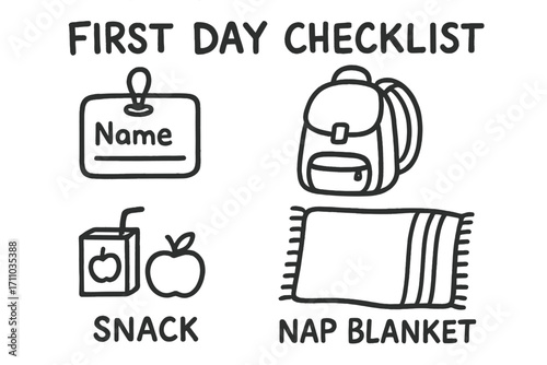 Preschool Essentials Doodle Set. First day checklist for preschoolers doodle set: hand drawn icons for name tag, backpack, snack,