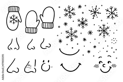 First Snow Doodles. First snowflake catch doodle set: hand drawn icons for mittens, noses, smiles, and snowfall, isolated