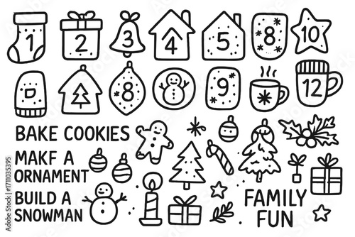 Printable Advent Doodle Set. Printable advent calendar doodle set: hand drawn icons for cut-out pockets, numbers, tasks, and