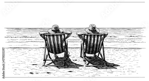 Vintage ink sketch hand-drawn black and white vector illustration two people lying on sunbeds with sea view, vacation svg