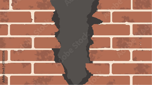 Brick wall background with a large crack. Cracked Brick wall. Damaged Wall Background. Vector illustration.  