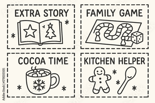 Holiday Kids Coupon Doodles. Holiday-themed printable coupons for kids doodle set: hand drawn icons for extra story, family game,