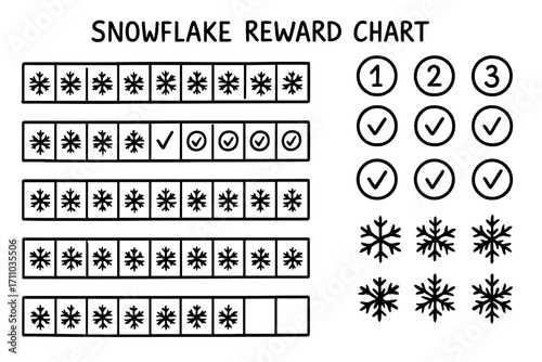 Snowflake Reward Charts. Printable snowflake reward charts doodle set: hand drawn icons for rows, points, checkmarks, and flake