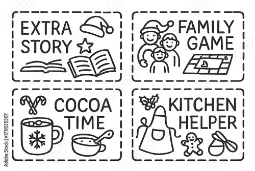 Holiday Kids Coupon Doodles. Holiday-themed printable coupons for kids doodle set: hand drawn icons for extra story, family game,