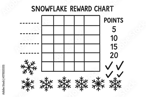 Snowflake Reward Charts. Printable snowflake reward charts doodle set: hand drawn icons for rows, points, checkmarks, and flake