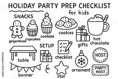 Holiday Party Prep Doodles. Holiday party prep checklist for kids doodle set: hand drawn icons for snack ideas, setup icons, decor