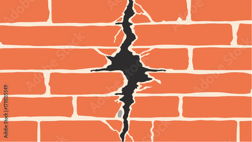 Brick wall background with a large crack. Cracked Brick wall. Damaged Wall Background. Vector illustration.  