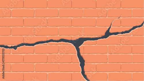 Brick wall background with a large crack. Cracked Brick wall. Damaged Wall Background. Vector illustration.  