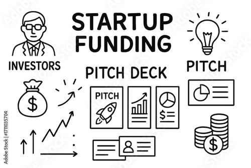 Startup Pitch Doodles. Startup funding and pitch deck doodle set: hand drawn icons for investors, pitch slides, graphs, and