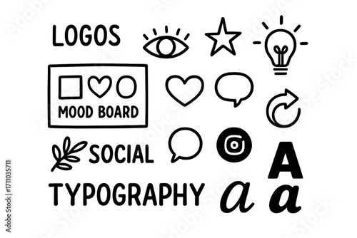Digital Branding Doodles. Digital branding elements doodle set: hand drawn icons for logos, mood boards, social icons, and