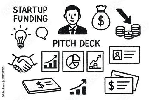 Startup Pitch Doodles. Startup funding and pitch deck doodle set: hand drawn icons for investors, pitch slides, graphs, and