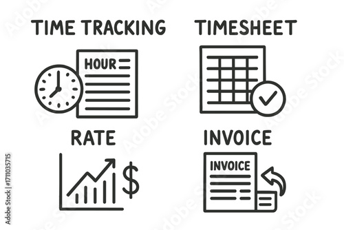 Time Tracking Doodle Set. Time tracking and billing doodle set: hand drawn icons for hour logs, timesheets, rate charts, and
