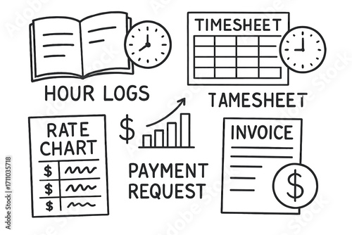 Time Tracking Doodle Set. Time tracking and billing doodle set: hand drawn icons for hour logs, timesheets, rate charts, and