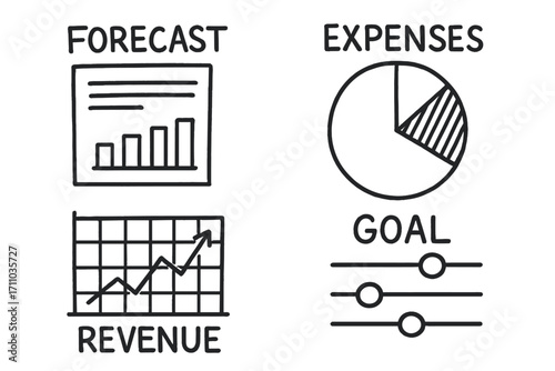 Budget Planning Icons. Annual budget planning doodle set: hand drawn icons for forecast sheets, expense pie, revenue lines, and