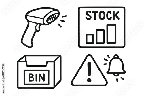 Retail Inventory Doodle Set. Retail inventory management doodle set: hand drawn icons for barcode scanners, stock levels, reorder