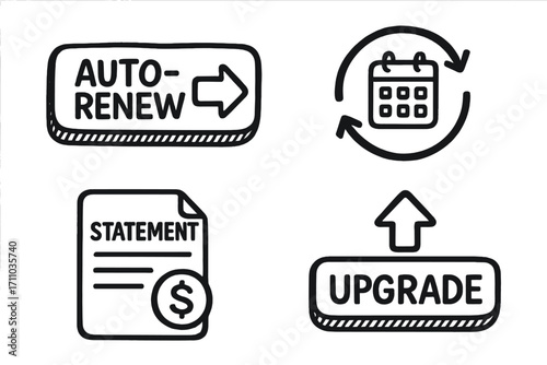 Subscription Billing Doodles. Subscription billing doodle set: hand drawn icons for auto-renew buttons, billing cycles, account
