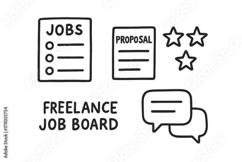 Freelance Icons Doodle. Freelance job board icons doodle set: hand drawn icons for gig listings, proposal forms, star ratings, and