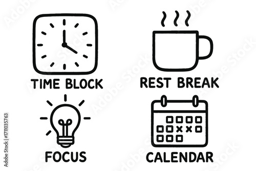 Doodle Time Block Icons. Productivity time block planner doodle set: hand drawn icons for work intervals, rest breaks, focus