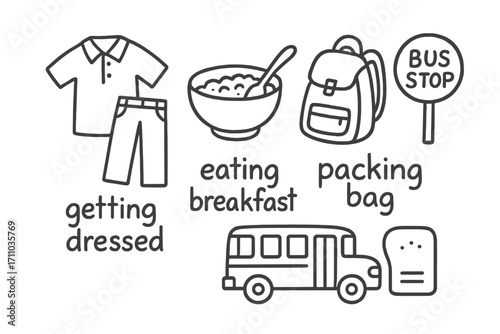 Morning Routine Doodles. School morning routine doodle set: hand drawn icons for getting dressed, eating breakfast, packing bags,