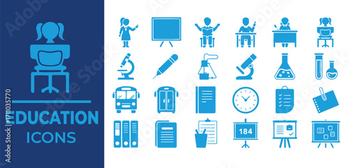 Blue education icons on dark blue background school supplies students