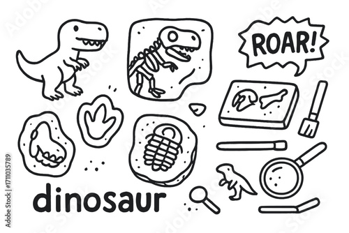 Dinosaur Doodle Icons. Dinosaur obsession doodle set: hand drawn icons for T-rex toys, fossils, dig kits, and roar bubbles,