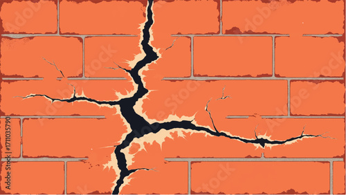 Brick wall background with a large crack. Cracked Brick wall. Damaged Wall Background. Vector illustration.  