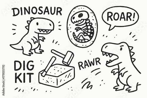 Dinosaur Doodle Icons. Dinosaur obsession doodle set: hand drawn icons for T-rex toys, fossils, dig kits, and roar bubbles,