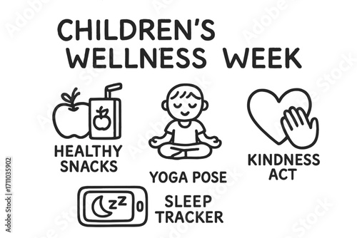 Children's Wellness Doodles. Children’s wellness week doodle set: hand drawn icons for healthy snacks, yoga pose, kindness act,