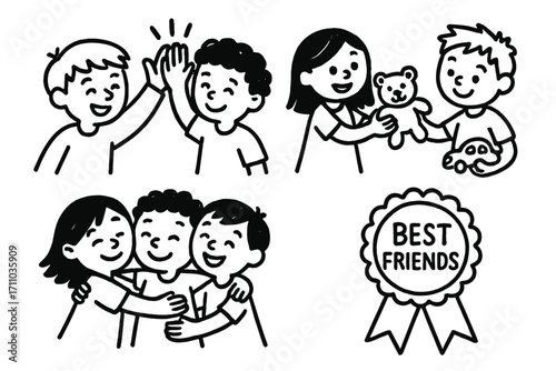 Children's Friendship Doodle. Children’s friendship week doodle set: hand drawn icons for high fives, shared toys, group hugs, and
