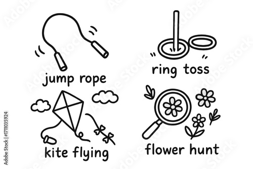 Spring Games Doodle. Spring outdoor games doodle set: hand drawn icons for jump rope, ring toss, kite flying, and flower hunt,