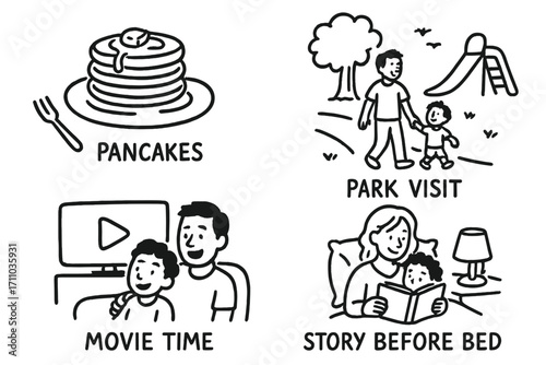 Weekend Family Activities. Parent-child weekend routine doodle set: hand drawn icons for pancakes, park visit, movie time, and