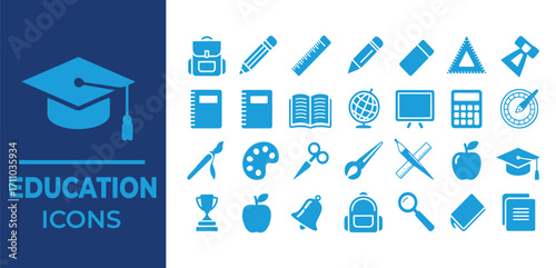 Blue education icons on white background with dark blue text graduation cap backpack