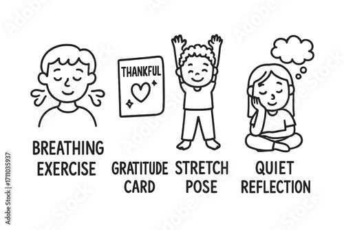 Mindful Kids Doodle Set. Mindful kids routine doodle set: hand drawn icons for breathing exercise, gratitude card, stretch pose,