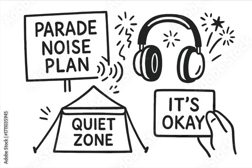Noise Control Doodle Set. Fear of loud events doodle set: hand drawn icons for parade noise plan, fireworks headphones, quiet zone