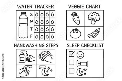 Preschool Healthy Habits Icons. Preschool healthy habits week doodle set: hand drawn icons for water tracker, veggie chart,