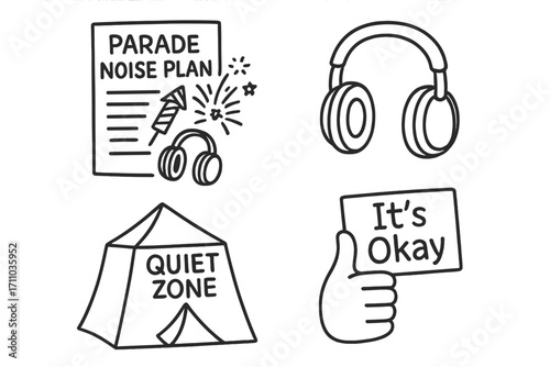 Noise Control Doodle Set. Fear of loud events doodle set: hand drawn icons for parade noise plan, fireworks headphones, quiet zone