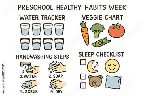 Preschool Healthy Habits Icons. Preschool healthy habits week doodle set: hand drawn icons for water tracker, veggie chart,