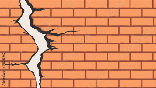Brick wall background with a large crack. Cracked Brick wall. Damaged Wall Background. Vector illustration.