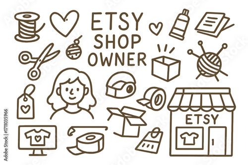 Etsy Doodle Icons. Etsy shop owner doodle set: hand drawn icons for handmade products, packing orders, and storefronts, isolated