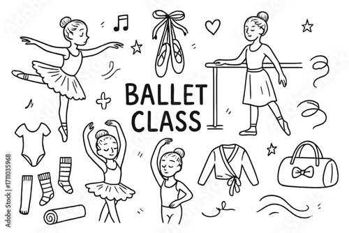 Ballet Doodle Icons. Ballet class doodle set: hand drawn icons for dance studio gear and graceful movement practice, isolated
