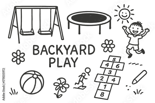 Backyard Play Doodles. Backyard play doodle set: hand drawn icons for swings, trampolines, chalk art, and kid fun, isolated