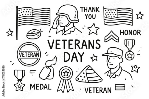 Veterans Day Doodle Icons. Veterans Day doodle set: hand drawn icons for military service, flags, badges, and honor traditions,