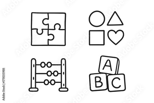 Toddler Learning Doodles. Toddler learning doodle set: hand drawn icons for puzzles, shapes, counting toys, and ABCs, isolated