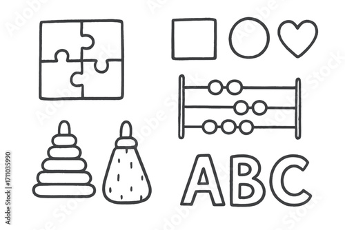 Toddler Learning Doodles. Toddler learning doodle set: hand drawn icons for puzzles, shapes, counting toys, and ABCs, isolated
