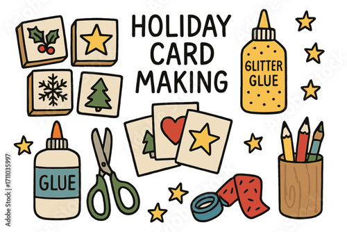 Festive Craft Supplies. Holiday card making doodle set: hand drawn icons for stamps, paper, glitter glue, and festive craft