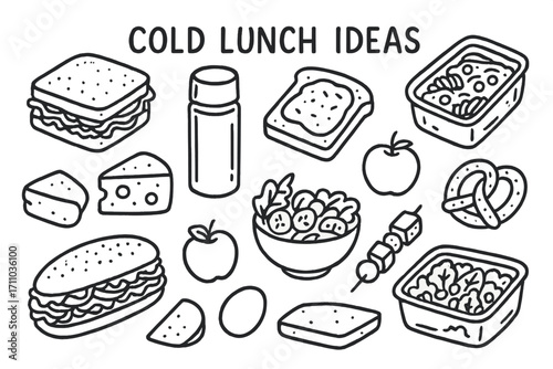 Cold Lunch Doodle Set. Cold lunch ideas doodle set: hand drawn icons for sandwiches, salads, and thermos-free options, isolated