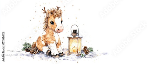 Cute watercolor illustration of a baby pony with big eyes, surrounded by bubbles on white background. Adorable hand-drawn animal art for kids and nursery design.	
