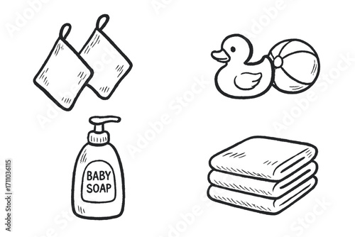 Toddler Bath Doodle Set. Toddler bath time doodle set: hand drawn icons for washcloths, toys, baby soap, and towels, isolated